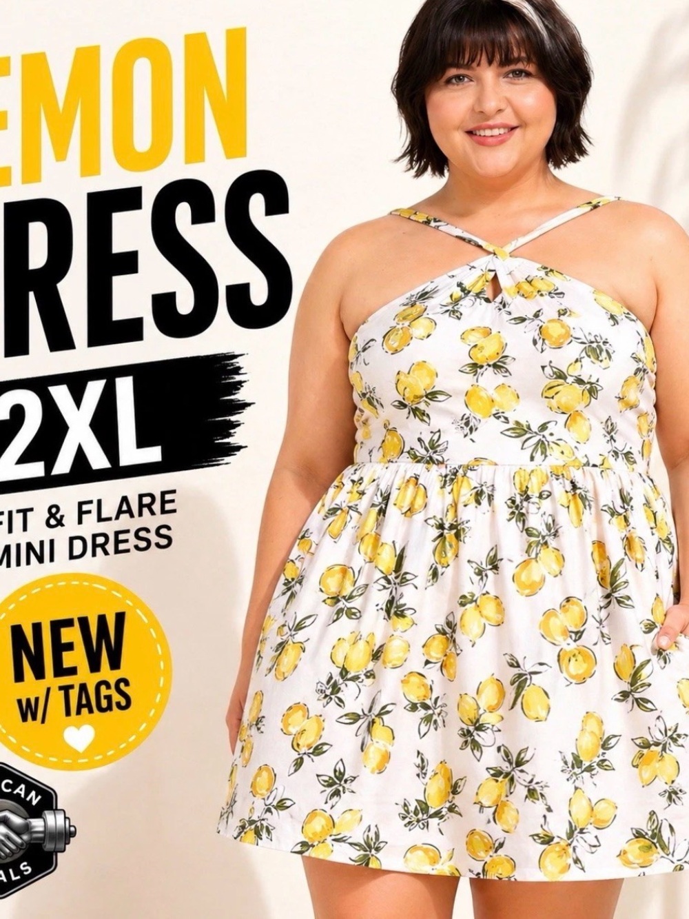 Plus-Size White Mini Dress with Yellow Lemon Print - Strappy Fit & Flare